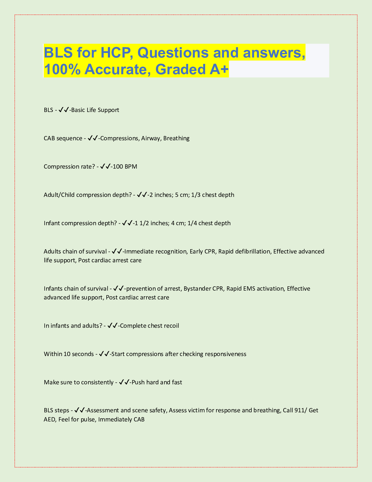 Preview image for BLS for HCP, Questions and answers,  100% Accurate, Graded A+ BLS - ✔✔-Basic Life Supp